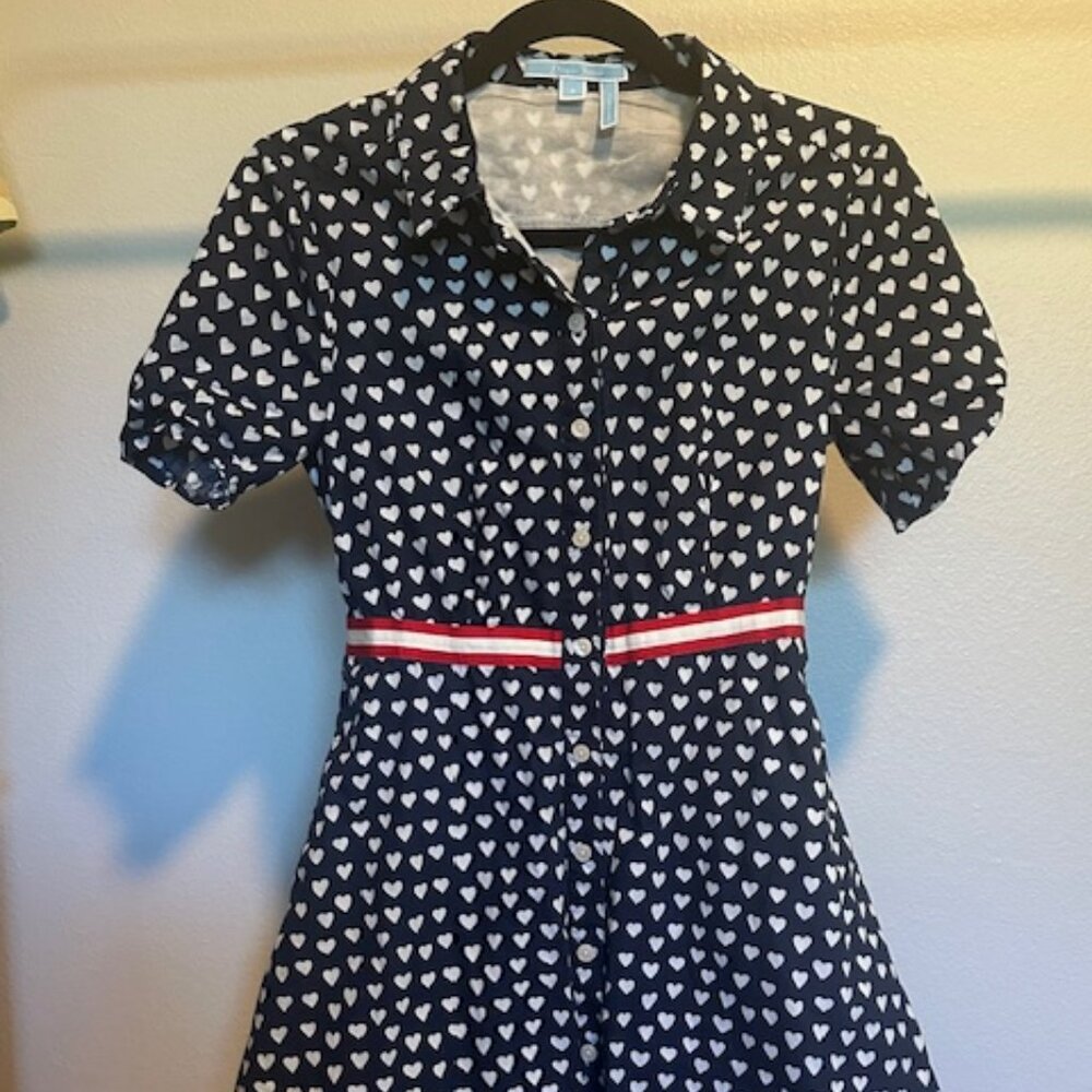 100% Cotton Navy and White Heart Print Short Sleeve Draper James Mini Dress Sz 2